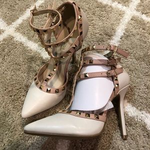 White & Nude Strappy Gold Studded heels